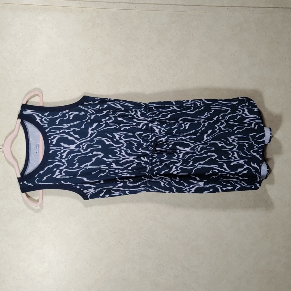 I178 Athleta teal blue & white stretch tech fabric sleeveless dress S
